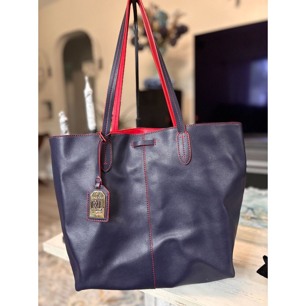 Polo Ralph Lauren Navy and Crimson Large Leather Tote Bag